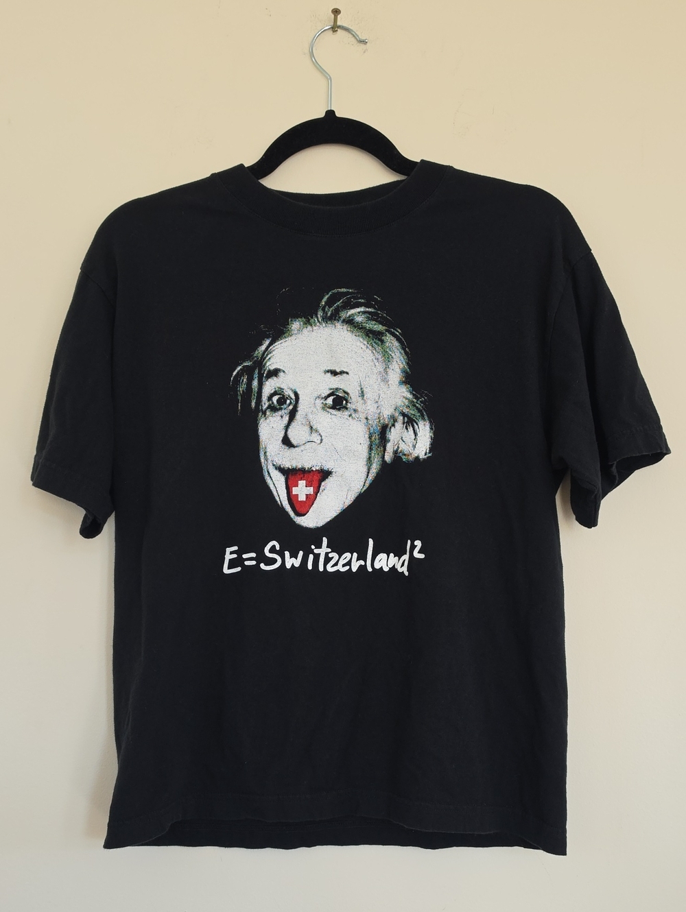 Albert Einstein E=Switzerland Squared Black Grahpic T-Shirt Small